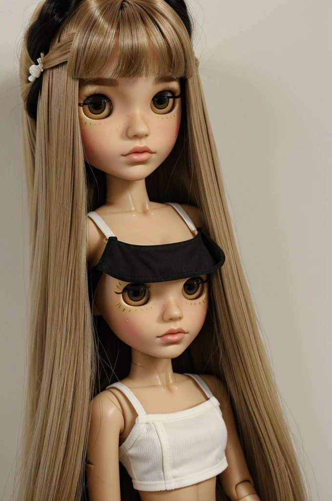 blythe doll with medium long straight hair brown eyes with yellow, white, with a nose on the right side of the nose with a black strappy crop top