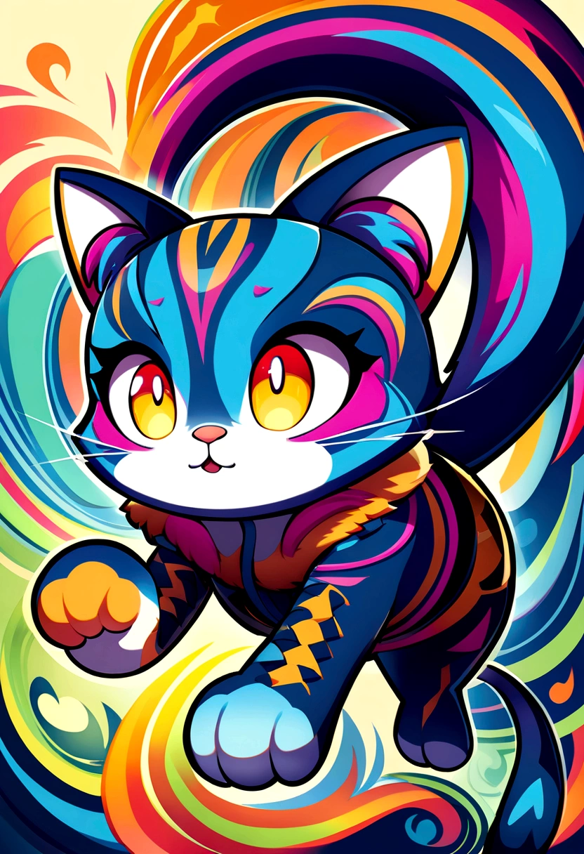 Highly stylized digital artwork of a cat designed in a cartoon animation style, with intricate details and vibrant colors. The cat is depicted with exaggerated features, such as large, expressive eyes and a dynamic pose, making it look playful and engaging. The fur has detailed textures, and the overall design includes various accessories or elements that add personality to the character. The background is simple yet complementary, enhancing the cat's vibrant appearance. The overall design is meant to be visually striking and full of character