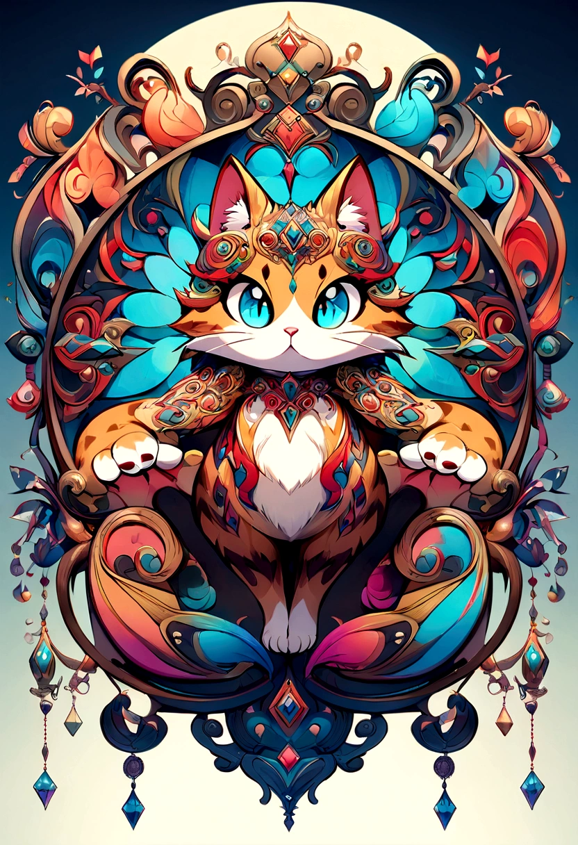 Highly stylized digital artwork of a cat designed in a cartoon animation style, with intricate details and vibrant colors. The cat is depicted with exaggerated features, such as large, expressive eyes and a dynamic pose, making it look playful and engaging. The fur has detailed textures, and the overall design includes various accessories or elements that add personality to the character. The background is simple yet complementary, enhancing the cat's vibrant appearance. The overall design is meant to be visually striking and full of character