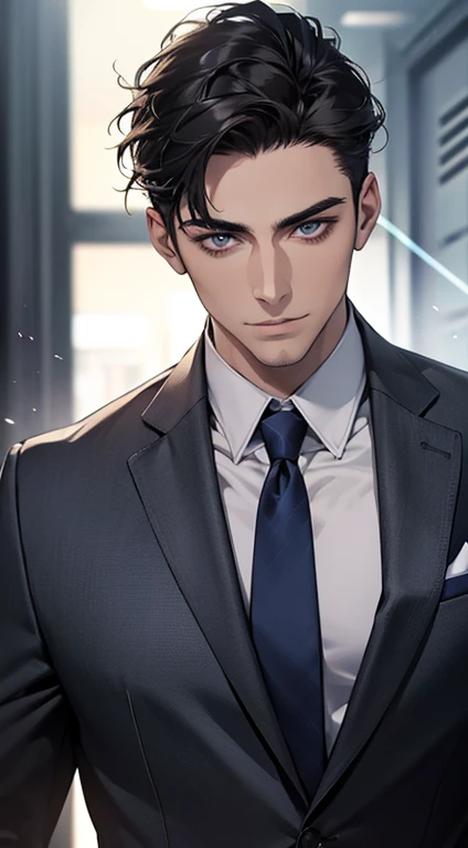 (best quality,4k,8k,highres,masterpiece:1.2),ultra-detailed,(realistic,photorealistic,photo-realistic:1.37),1 man,31 years old,mature man,very handsome,without expression,smile,short grey black hair,blue eyes,penetrating gaze,perfect face without errors,imposing posture,businessman,office background,cinematic lighting,hdr image