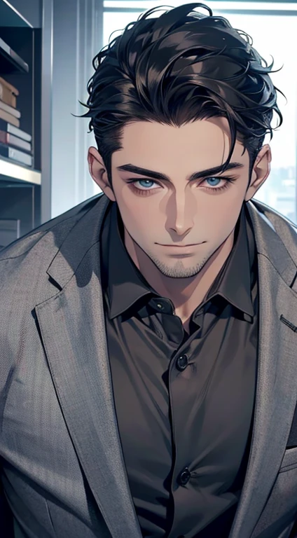 (best quality,4k,8k,highres,masterpiece:1.2),ultra-detailed,(realistic,photorealistic,photo-realistic:1.37),1 man,31 years old, man,very handsome,without expression,smile,short grey black hair,blue eyes,penetrating gaze,perfect face without errors,imposing posture,businessman,office background,cinematic lighting,hdr image