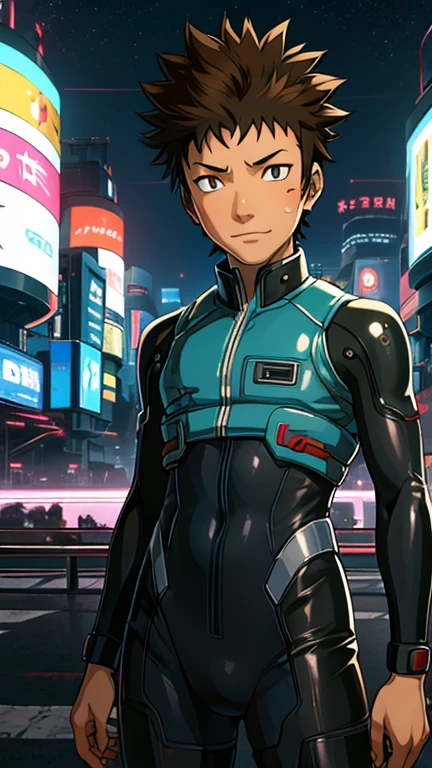 (8k),(masterpiece),(Japanese),(13-year-old boy),((innocent look)),((Childish)),From the front,smile,cute,Innocent,Kind eyes,Flat chest, Kiba Inuzuka wearing cyberpunk bodysuit,Short,Hair blowing in the wind, Brown Hair,Strong wind,night,dark, Neon light cyberpunk Konoha Space Station 