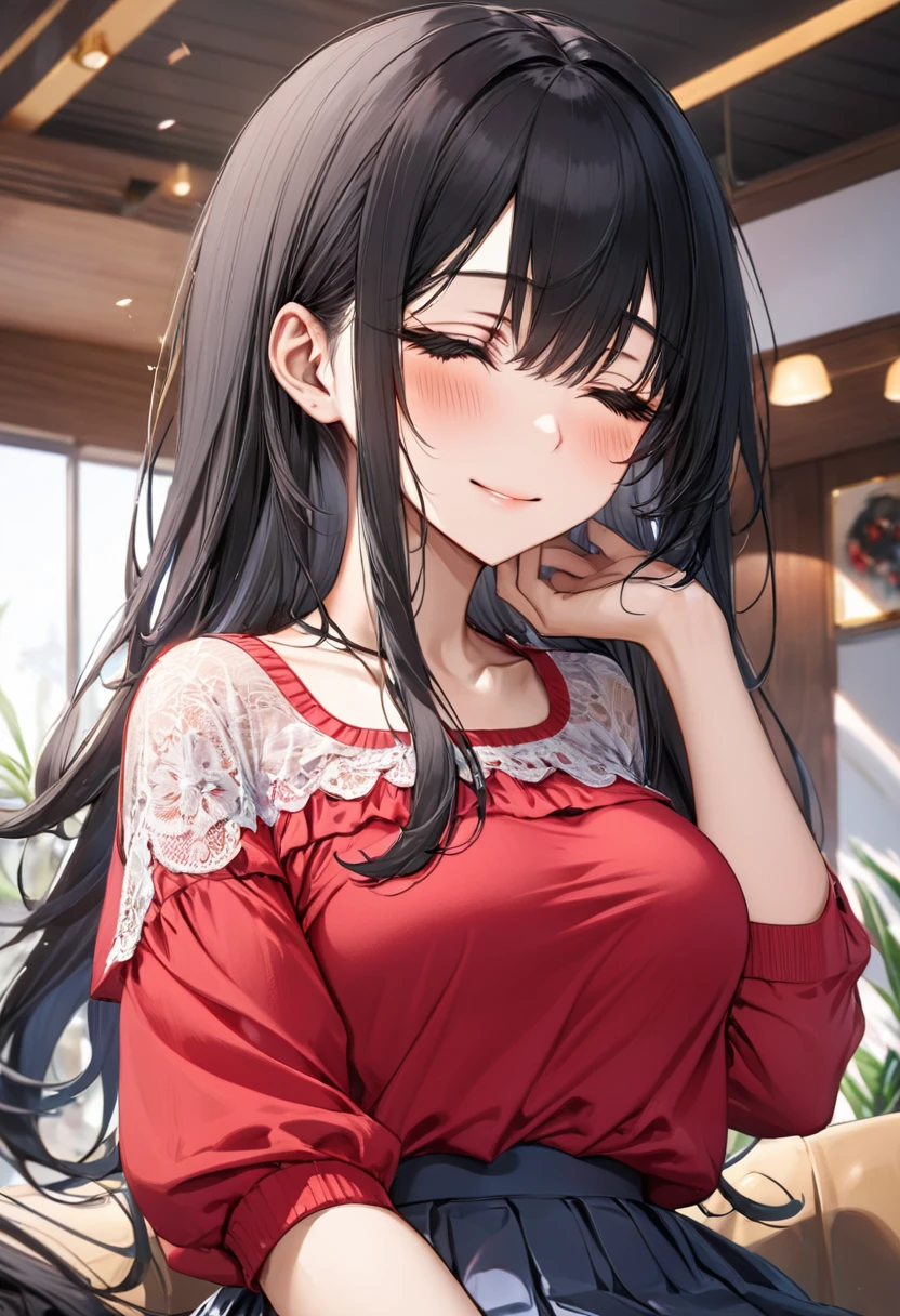(talking style) (in a casual summer blouse, skirt), (solo:2, 18 yo straight black hair long hair cool dominance girl, sad closed eyes, sad smile, big tits), break, in the lounge, BREAK, perfect anatomy, masterpiece, best quality, 16k, beautiful detailed grow, daydreaming expression.