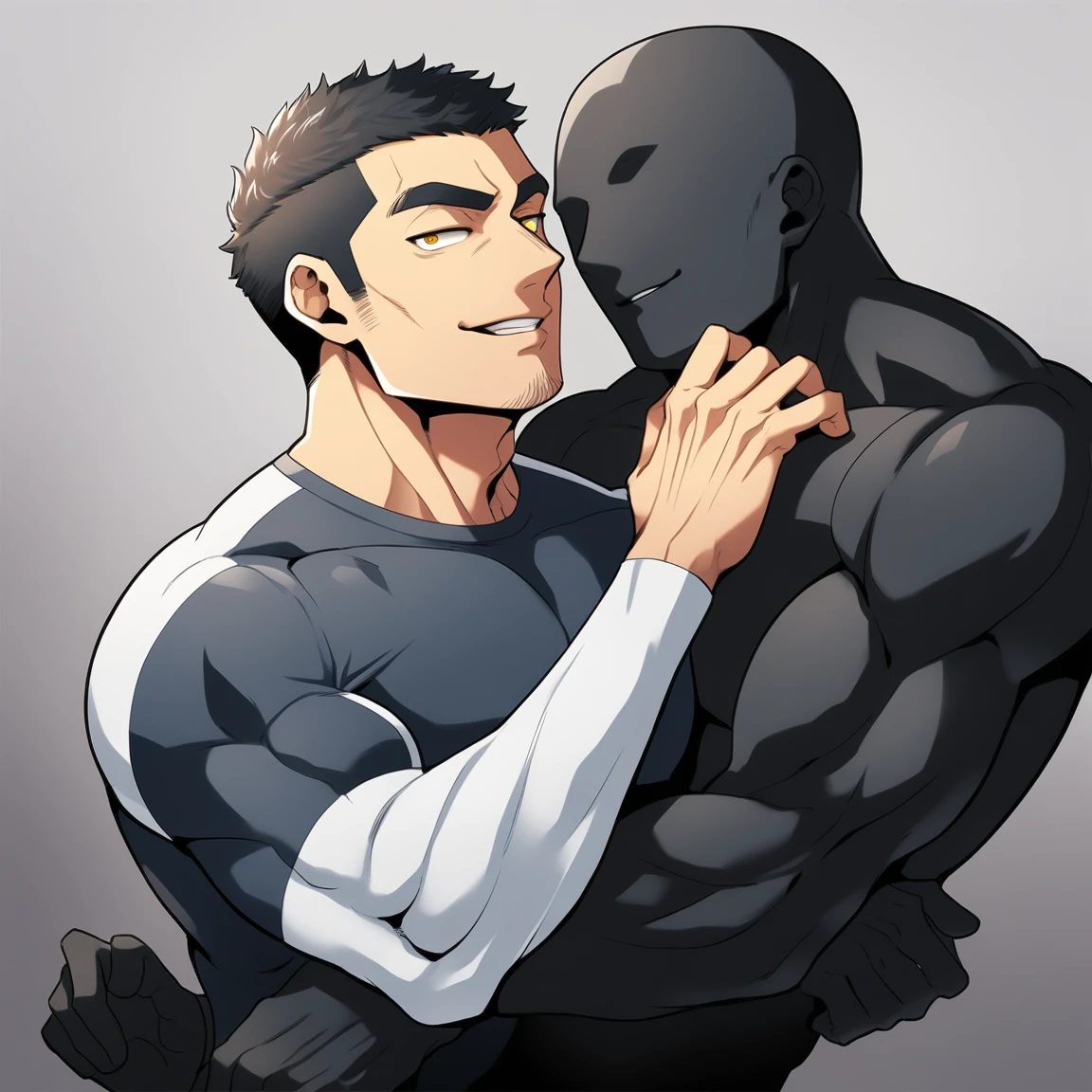 anime characters：Two superheroes in tights, Muscle Sports Student and Muscle No Face No Eyes skinhead superhero, No Face，negro black skin, They hugged and kissed each other, Bite your neck, Caress, Manliness, male focus, Yellow and black high collar long sleeve tight T-shirt, Slightly transparent material, Very tight, Round, full and perky chest muscles, Muscle waist, Slightly transparent, muscular male, muscular, only, Upper body, alone, Black short hair, Thick eyebrows, stubble, Yellow eyes, Grey background, simple background, amazing quality, best aesthetics, Ridiculous, bright pupils, crew cut, parted lips, seductive smile, torogao, naughty face, drop shadow, best quality