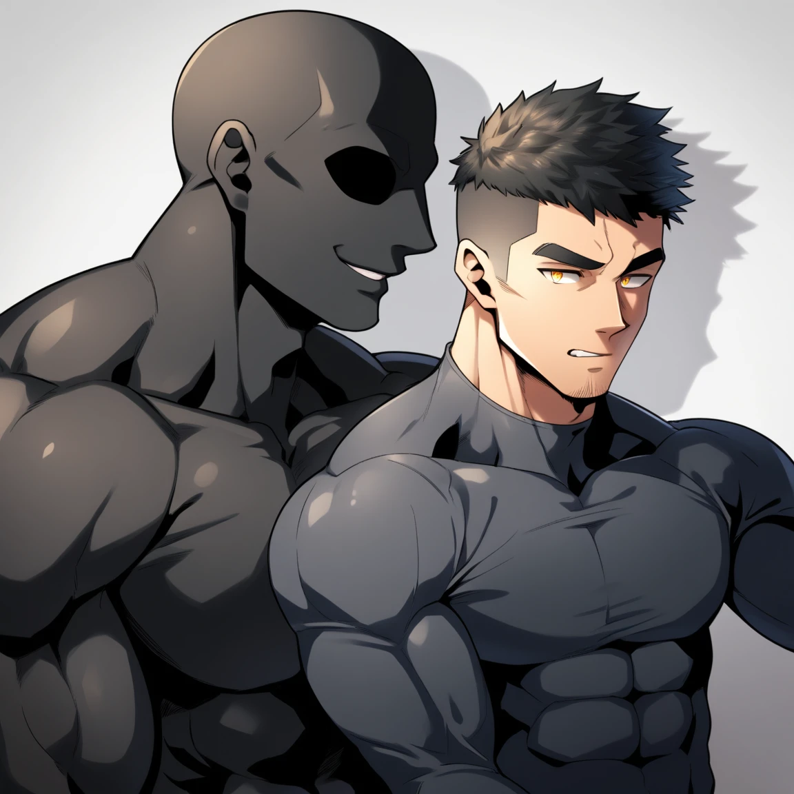 anime characters:Two superheroes in tights, Muscle Sports Student and Muscle No Face No Eyes skinhead superhero, No Face,negro black skin, They hugged and kissed each other, Bite your neck, Caress, Manliness, male focus, Yellow and black high collar long sleeve tight T-shirt, Slightly transparent material, Very tight, Round, full and perky chest muscles, Muscle waist, Slightly transparent, muscular male, muscular, only, Upper body, alone, Black short hair, Thick eyebrows, stubble, Yellow eyes, Grey background, simple background, amazing quality, best aesthetics, Ridiculous, bright pupils, crew cut, parted lips, seductive smile, torogao, naughty face, drop shadow, best quality