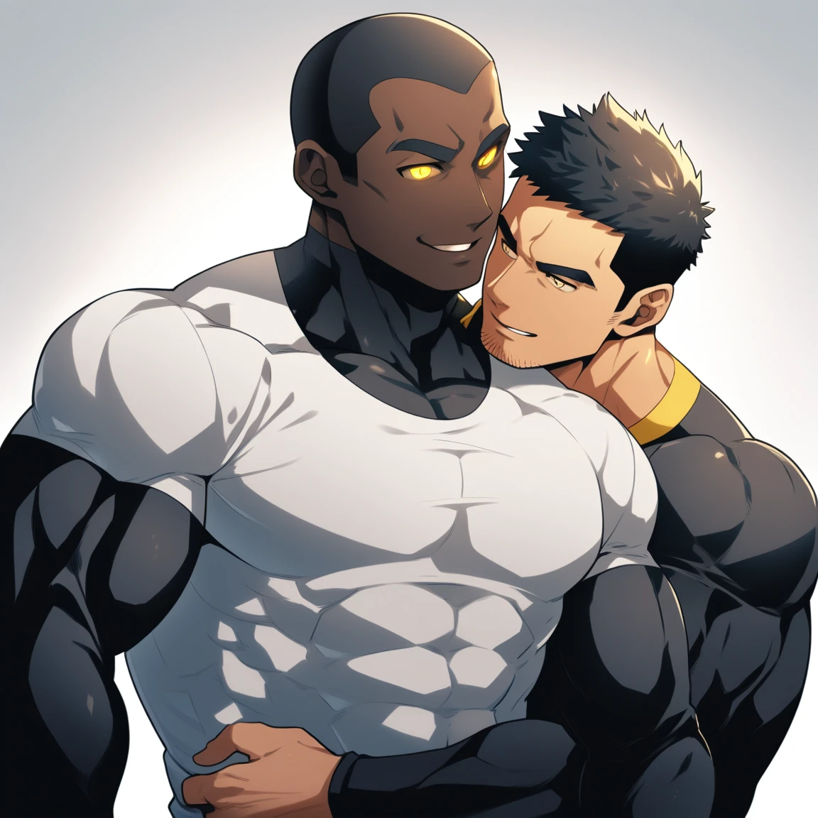 anime characters:Two superheroes in tights, Muscle Sports Student and Muscle No Face No Eyes skinhead superhero, No Face,negro black skin, They hugged and kissed each other, Bite your neck, Caress, Manliness, male focus, Yellow and black high collar long sleeve tight T-shirt, Slightly transparent material, Very tight, Round, full and perky chest muscles, Muscle waist, Slightly transparent, muscular male, muscular, only, Upper body, alone, Black short hair, Thick eyebrows, stubble, Yellow eyes, Grey background, simple background, amazing quality, best aesthetics, Ridiculous, bright pupils, crew cut, parted lips, seductive smile, torogao, naughty face, drop shadow, best quality