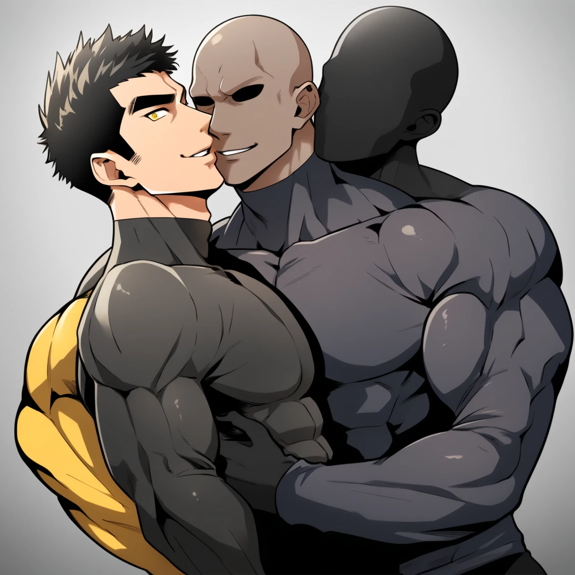 anime characters:Two superheroes in tights, Muscle Sports Student and Muscle No Face No Eyes skinhead superhero, No Face,negro black skin, They hugged and kissed each other, Bite your neck, Caress, Manliness, male focus, Yellow and black high collar long sleeve tight T-shirt, Slightly transparent material, Very tight, Round, full and perky chest muscles, Muscle waist, Slightly transparent, muscular male, muscular, only, Upper body, alone, Black short hair, Thick eyebrows, stubble, Yellow eyes, Grey background, simple background, amazing quality, best aesthetics, Ridiculous, bright pupils, crew cut, parted lips, seductive smile, torogao, naughty face, drop shadow, best quality