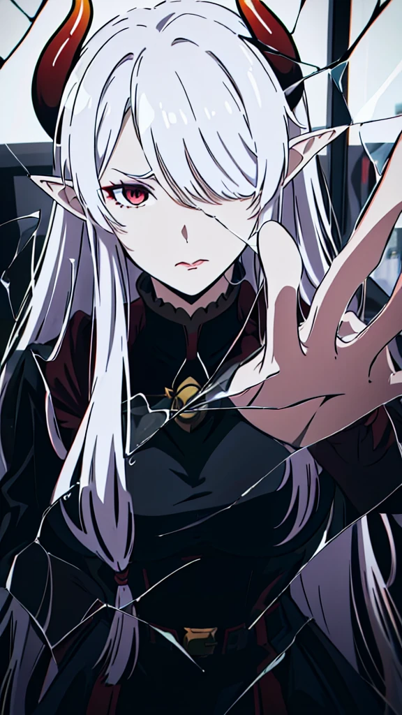((1adult woman,solo,milf,mature female)),red eyes,redlipstick,horns,serious face,white hair,long hair,(black dress),elf ears,(((hair over one eye))),glass,broken glass