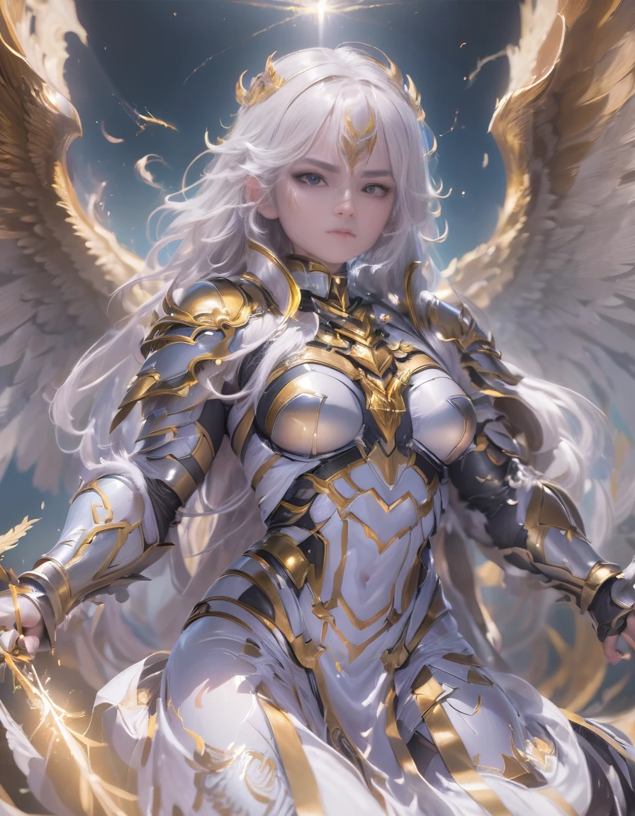 A god with golden armor. With furious wings. Fly in the sky. White hair. White beard. Men. A staff in his hand. Sit. Full body. 