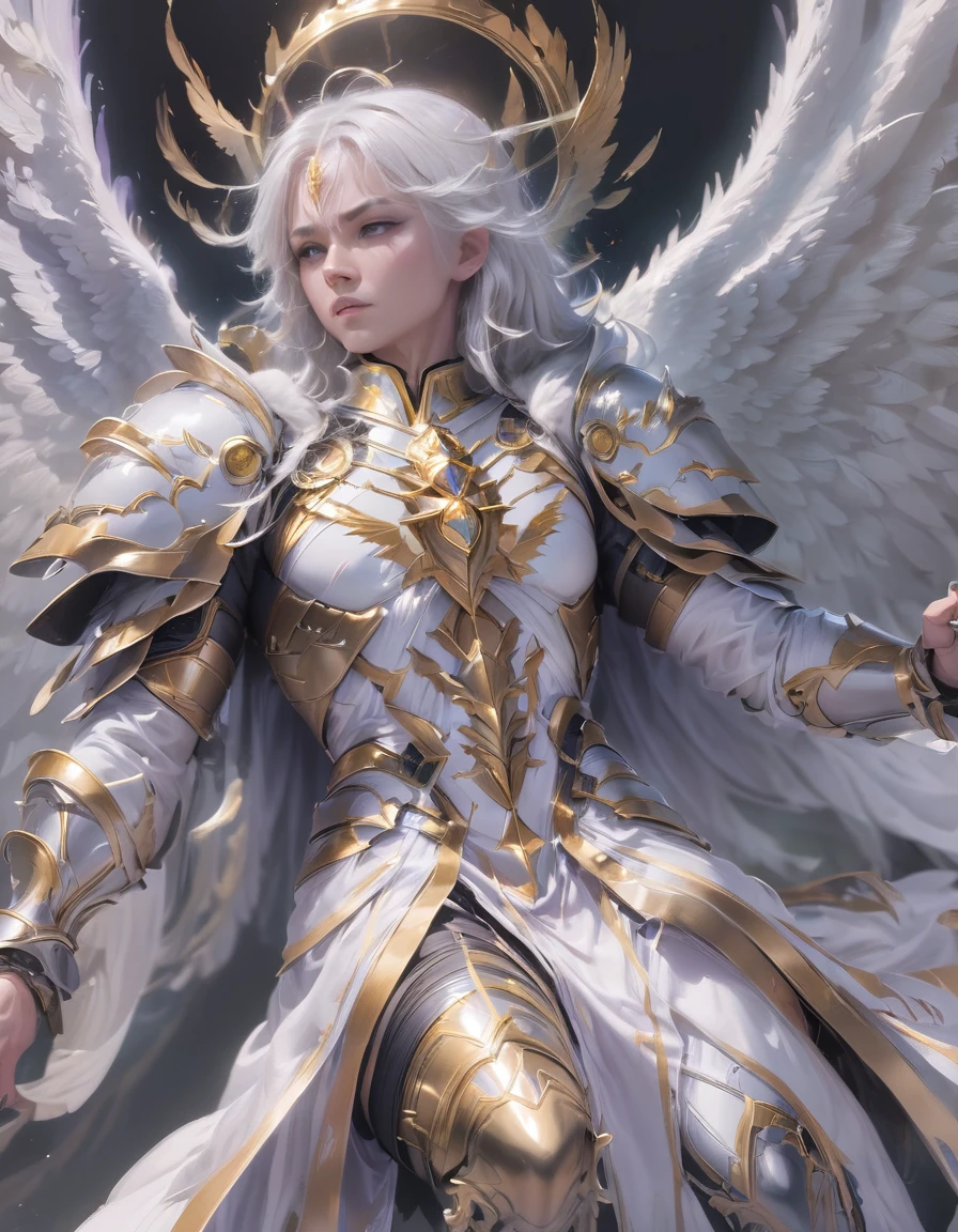 A god with golden armor. With furious wings. Fly in the sky. White hair. White beard. Men. A staff in his hand. Sit. Full body. 