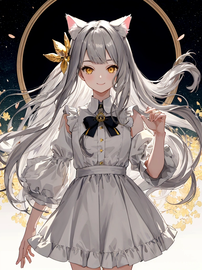 ((masterpiece)), ((best quality)), (from front, facing front:1.32), (half-body shot:1.36), (side bangs hairstyle), (almond eyes shape), perfect anatomy, 1girl, solo, adult cat girl, long gray straight hair, yellow eyes, gray cat ears, gray fluffy cat tail, basic short-sleeved loose white dress, smiling, looking at viewers