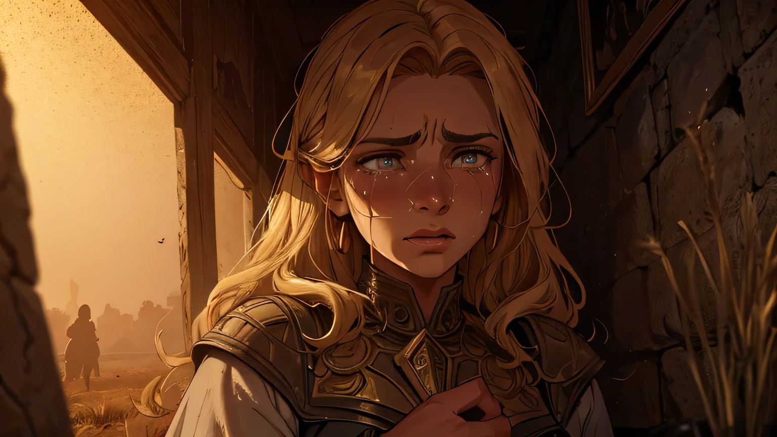 a woman crying next to dry, arid and dead crop fields, drought in ancient Israel, 4th century BC, hyperrealistic, photorealistic, intricate details, dramatic lighting, moody atmosphere, melancholic, golden hour, desaturated colors, muted tones, cinematic composition, award-winning photography, detailed facial features, realistic textures, highly detailed, masterpiece