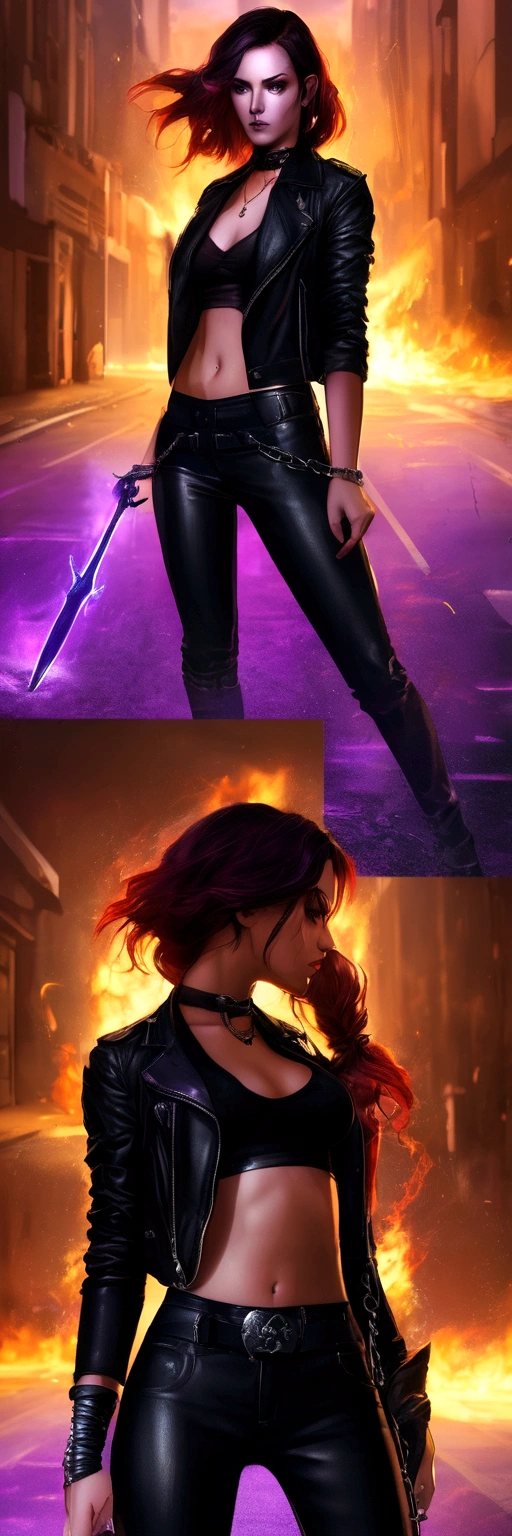 The slender, fearless figure is dressed in fitted black leather pants, combined with an equally dark crop top that slightly reveals the mysterious tattoo on her neck. A black leather jacket wraps your shoulders, giving an air of mystery and authority. Next to you, rests an infernal whip, its chains made of mystical material that glow in shades of purple and red, ready to be unleashed against your enemies.Ao fundo, your motorcycle, She too was bathed in an infernal aura, is an extension of your power and relentless determination. Your hair short and close, adds a touch of rebellion and uniqueness to your look. Under the dark light of the night, his eyes sparkle with the intensity of someone who has embraced the dark side of justice.