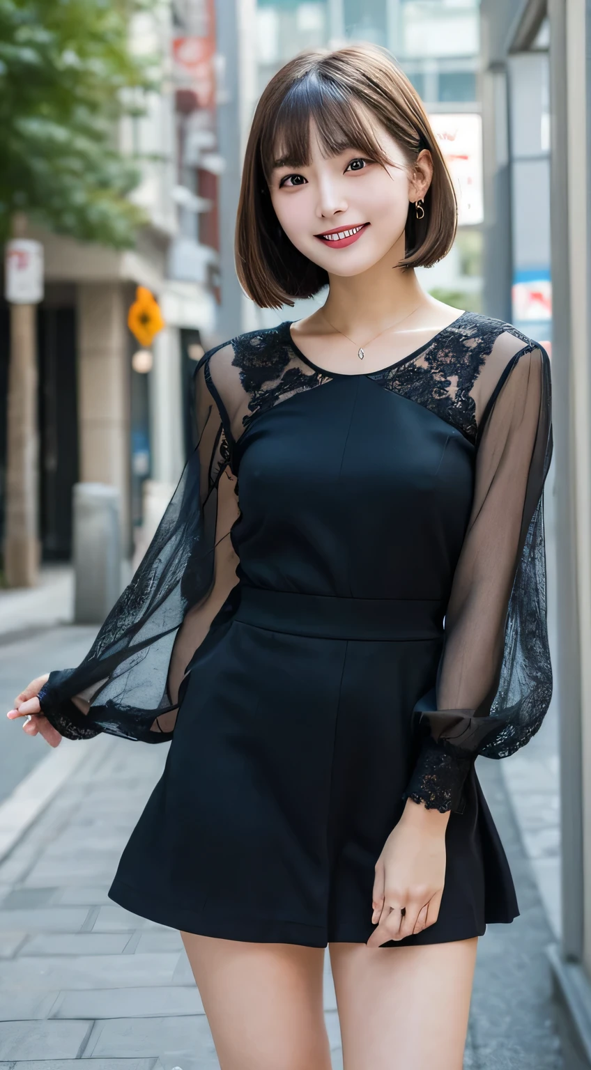 Tabletop, Highest quality, figure, Super detailed, In detail, High resolution, 8k wallpaper, Perfect dynamic composition, Beautiful attention to detail, dress,Short hair with bangs, Natural color lip, Random sexy poses,smile,Aoyama Street Walk、20-year-old girl