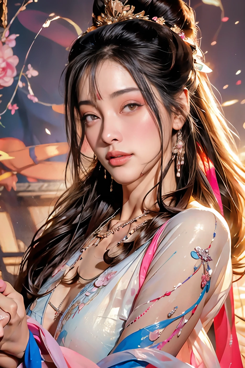 a picture、​masterpiece、top-quality、nffsw、hight resolution、realistic detail、40k、hyper realisitic、Photoreal Stick、nffsw、Hi-Res、Cowboy Shot、accurate anatomy、one girls、  (small belly without cracks)、(Beautiful face)、A detailed face、Unevenness of the skin、34 C-breasted、Brown-eyed、(The long-haired、A darK-haired、Very straight hair:1.4、hime-cut:1.4)、Navel、One navel、phi、Earring Necklace、kindly smile、 glistning skin、mature figure、Plump body、voluptuous breasts、perfect bodies、Wide waist、colourfull、looking at the viewers、facing the front there、Maximum 4 fingers and 1 thumb relationship, 
Gilded Chinese Palace,Look at viewers,depth of fields,bokeh dof,light falling,(See-through pink dress)、Cherry blossoms are blooming、a lot of cherry blossom、 (see-through underware)、watercolor paiting、Traditional Media、(chromatic abberation、intricate detailes)、dynamicposes、dynamic ungle、Angle from below、ancient Chinese costume、Ancient Chinese style hairstyle、up hairstyle、Whole wearing see-through white silk cloth、Psychedelic woman, goddes, colorfull digital fantasy art,  3 d neon art of a womens body, colorful aura, psytrance artwork, goddes, astral appearance,  astral ethereal,  fantasy digital art, show nipples, medium breasts, show vagina, spread legs.