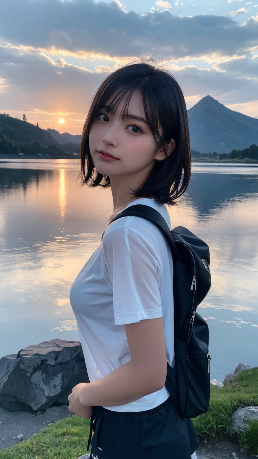 Highest quality, masterpiece, Ultra-high resolution, (Realistic:1.3), RAW Photos, (Nature landscape photography), (Majestic Mountain々The summit of the, sea of clouds), (On top of a very large mountain), (sunset), (One Girl), (Upper Body), (20-year-old), (smile:0.9), (Shiny skin), (short hair, Dark brown hair), (Completely naked), (pubic hair), (Carry a large backpack on your back), (Ultra detailed face), (Nipple erection:1.2), (Highly detailed eyes), (Highly detailed nose), (Highly detailed mouth), (Very skilled hands), (Super-detailed body), Sony a7, 85mm lens, f9.0, Pan Focus
、(Looking straight ahead、Face to face:1.3)、
