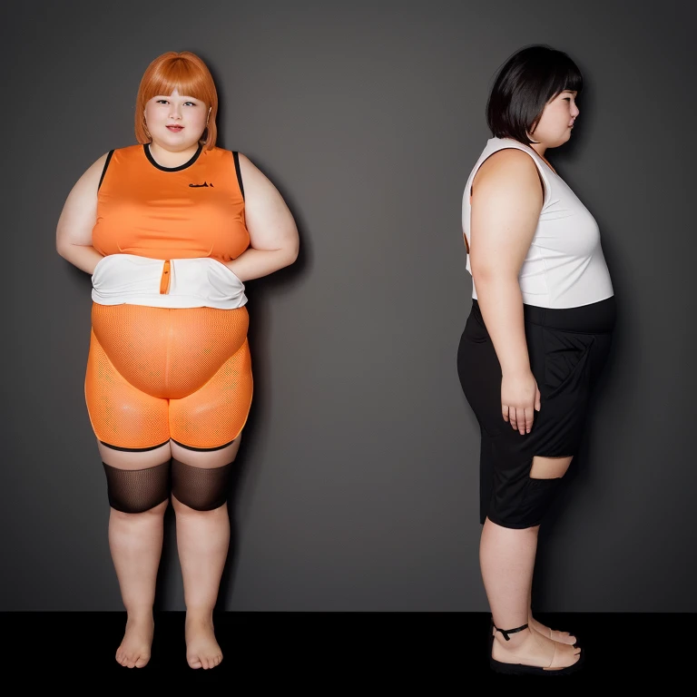 Araped woman wearing an orange shirt standing next to another woman wearing black shorts, Full body wide shot, full body photo, full body photo, Short and sturdy woman, The picture is large, fat ), full body photo, full body photo, full body image, overweight, full body shot, fat 여자, Overall - body and head view, an fat