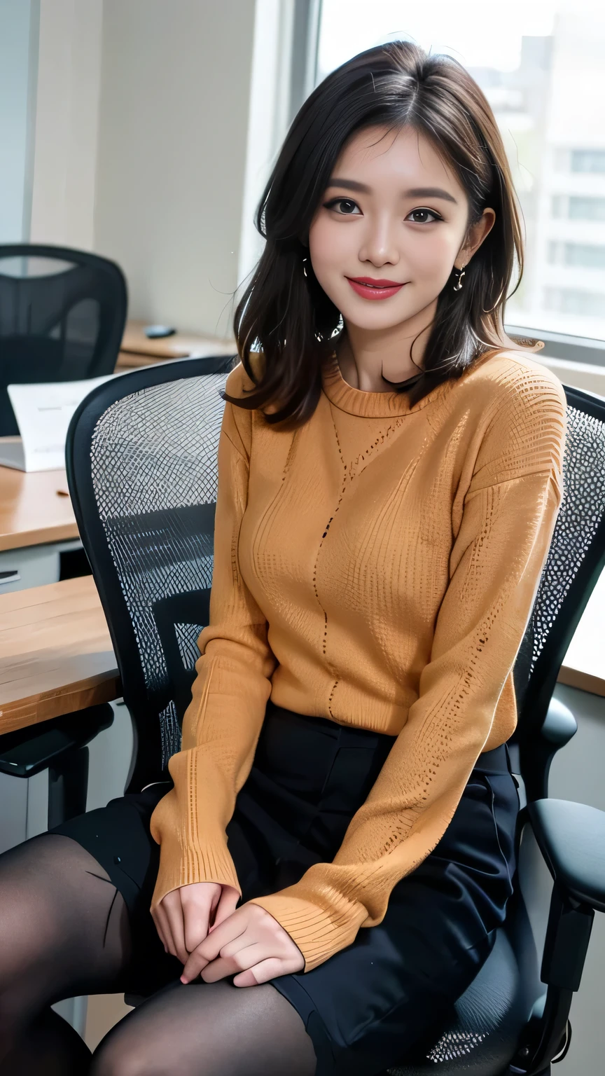 Delicate makeup cool beauty, Accurately express the fine details of the face and skin texture,(The most beautiful face and eyes),26Old woman、 Full body photo、Delicate skin,Looking into the camera、smile、Beautiful teeth alignment、business suit、((sit in office chair:1.3))、(Black Pantyhose:1.2), (pumps)、、 indoor, ,The background is the office