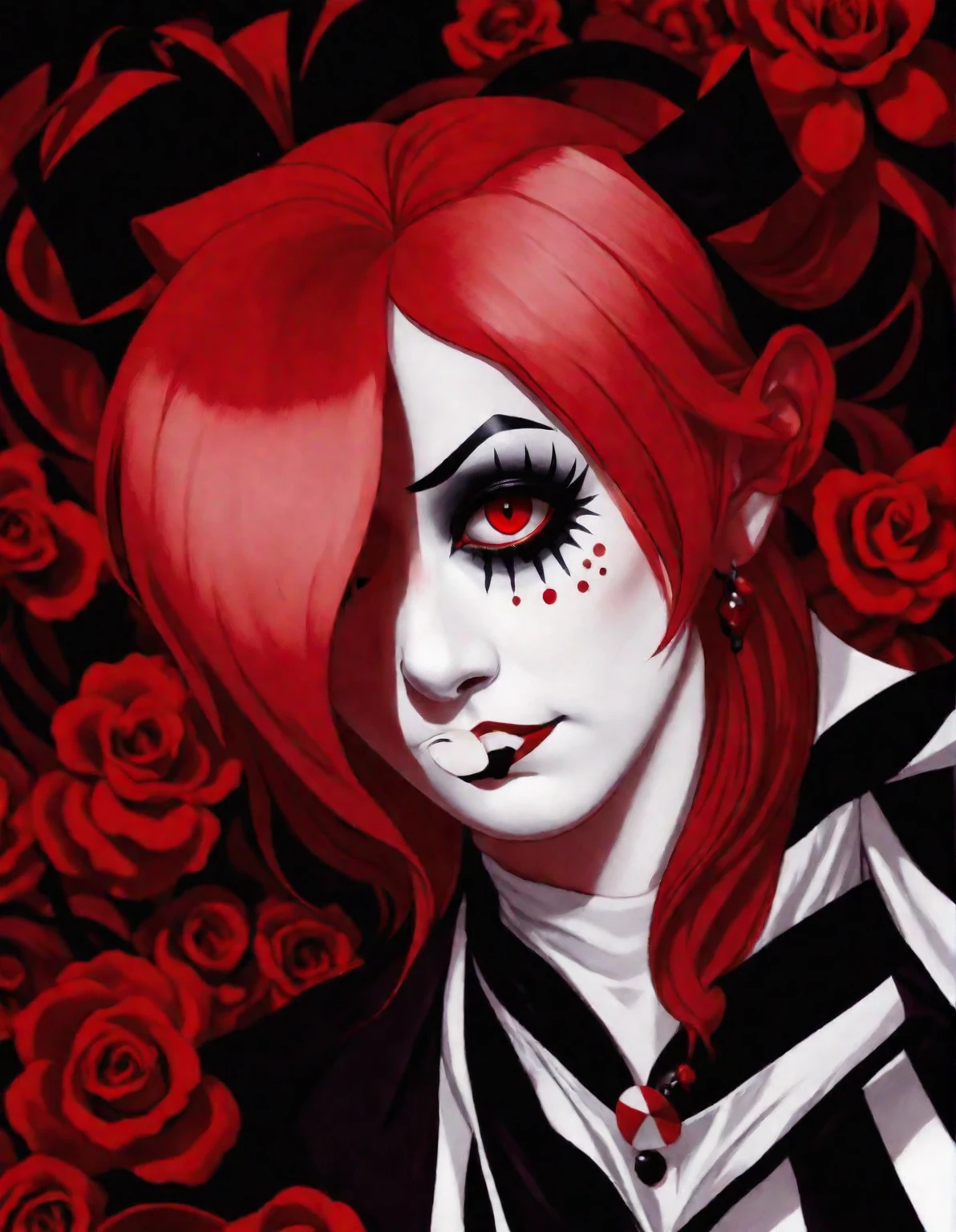 a close up of a person with red hair and a black and white shirt, inspired by Louis Grell, ((red)) baggy eyes, horrifying :4, crimson red hair and red eyes, inspired by James Bolivar Manson, inspired by Sebastian Vrancx, black and white and red, goth clown girl, mime, black and white and red colors