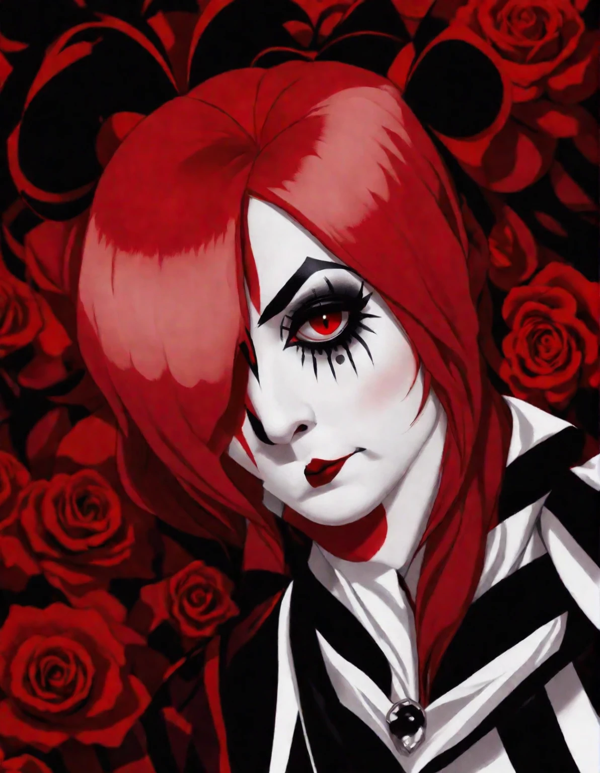 a close up of a person with red hair and a black and white shirt, inspired by Louis Grell, ((red)) baggy eyes, horrifying :4, crimson red hair and red eyes, inspired by James Bolivar Manson, inspired by Sebastian Vrancx, black and white and red, goth clown girl, mime, black and white and red colors