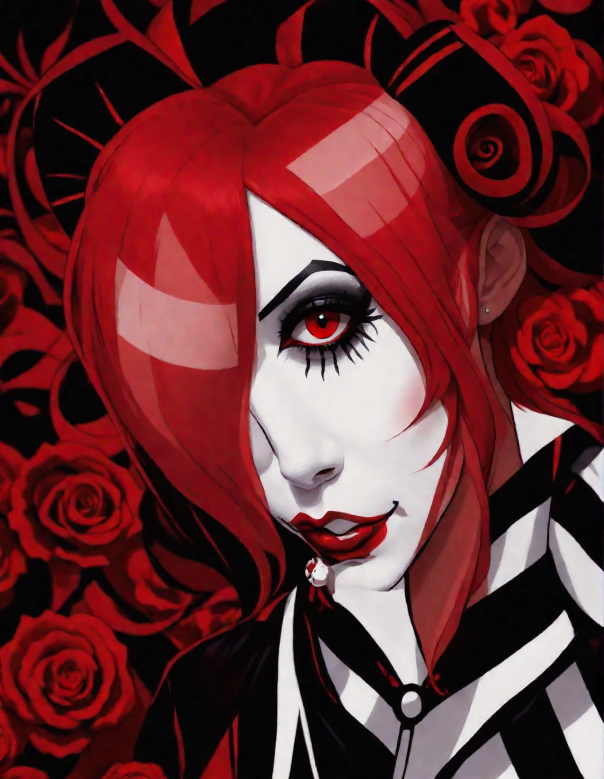 a close up of a person with red hair and a black and white shirt, inspired by Louis Grell, ((red)) baggy eyes, horrifying :4, crimson red hair and red eyes, inspired by James Bolivar Manson, inspired by Sebastian Vrancx, black and white and red, goth clown girl, mime, black and white and red colors
