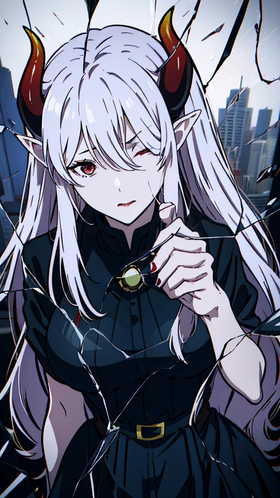 ((1adult woman,solo,milf,mature female)),red eyes,redlipstick,horns,sad,white hair,long hair,(black dress),elf ears,(((hair over one eye))),glass,broken glass