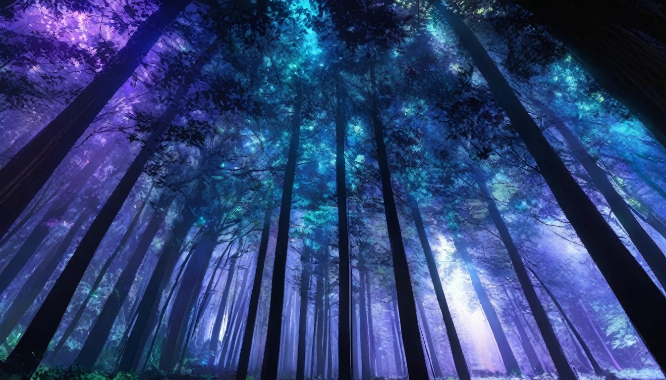 Tall Tree々and a painting of a forest with purple lights., an image of a Moonlight Forest, Night Forest, Night Forest, Deep forest at night, Blue Forest, foggy Night Forest, Moonlight Forest, Mysterious Forest, mysterious dense forest, Forest Night, 静かなForest Night景, Luminous Forest, dense lush Night Forest