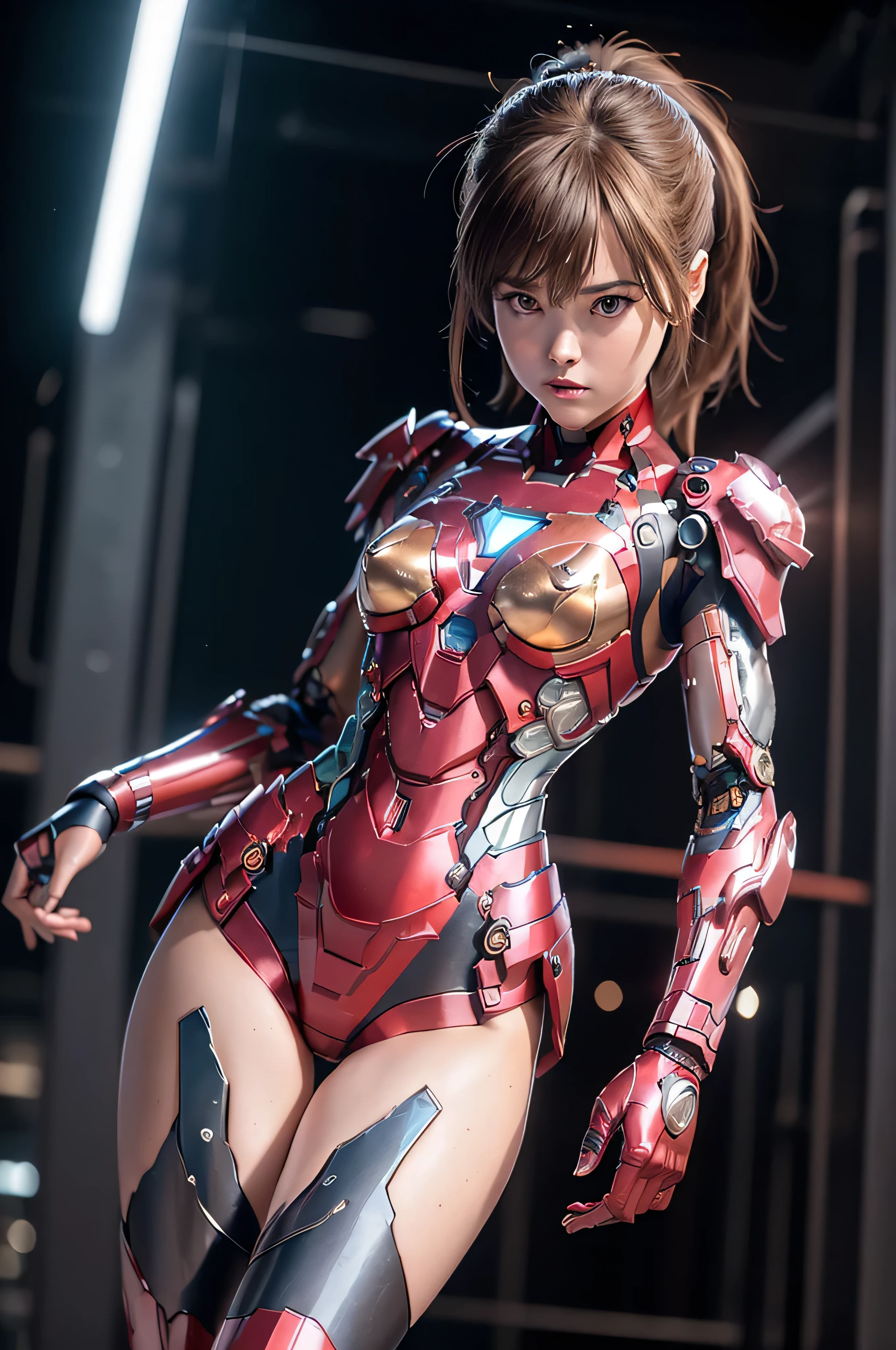 ((masterpiece, 8K, 3D, Realistic, Super Detail)), (1girl:1.3), slender age, Ultra Micro photography, Dakota Johnson Super realistic, Perfect face, 16K resolution, 4k resolution, The photo was taken from the Front, facing to the photographer, Foreground photo, dynamic lighting, posing on a pedestal, high-definition resolution, Beautiful features, ((Perfect female Model Slim body)) Beautiful features, Standing pose, ((small hip)), (((2 piece Hotpants-Bikini))), Sci-fi futuristic, ((Iron man armor)) ((bionic Fragmented Super Girl chest armor suit)), ((Exposed slim thighs)), wear mesh metal-stockings, ((slim thighs)), ((bionic Slim thighs Spider man armor)), Front Full body Shot, full body portrait, perfect legs, Iron Man shoes, futuristic city background