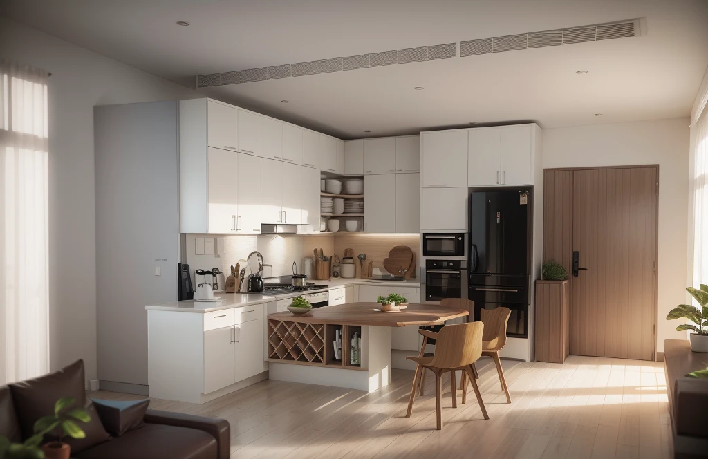 Simple kitchen with several shelves to place plates and glasses, yellow chair, dark wood for all doors, white kitchen cabinet up to ceiling, fridge , some plant and flowers, octane render 3D