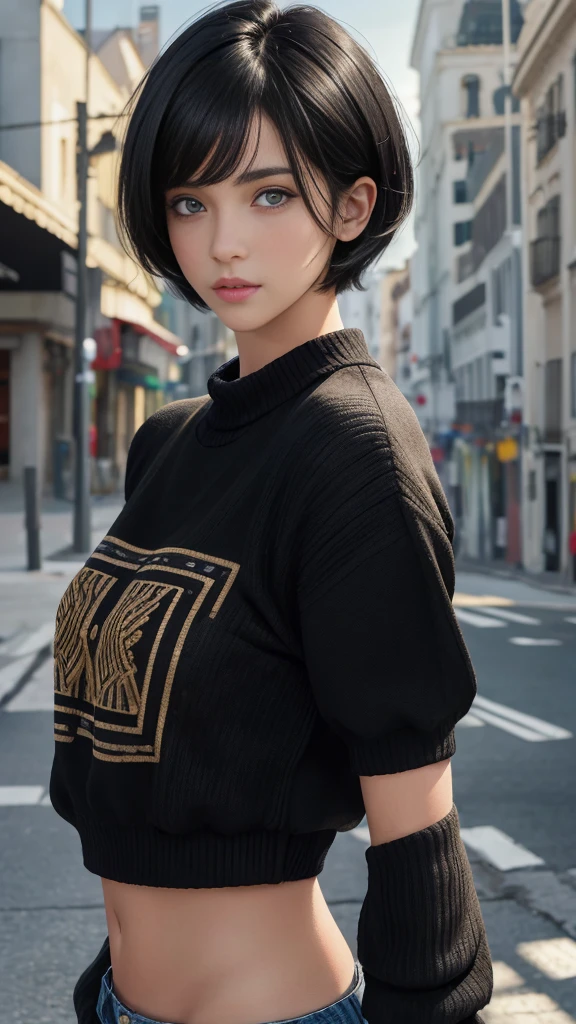 (masterpiece:1.3), (8k, photorealistic, RAW photo, best quality: 1.4), (1girl), beautiful face, (realistic face), (black hair, short hair:1.3), beautiful hairstyle, realistic eyes, beautiful detailed eyes, (realistic skin), beautiful skin, (sweater), absurdres, attractive, ultra high res, ultra realistic, highly detailed, golden ratio, ropa negra, crop top, chaqueta de cuero