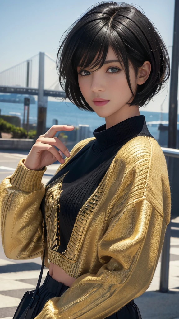 (masterpiece:1.3), (8k, photorealistic, RAW photo, best quality: 1.4), (1girl), beautiful face, (realistic face), (black hair, short hair:1.3), beautiful hairstyle, realistic eyes, beautiful detailed eyes, (realistic skin), beautiful skin, (sweater), absurdres, attractive, ultra high res, ultra realistic, highly detailed, golden ratio, ropa negra, crop top, chaqueta de cuero