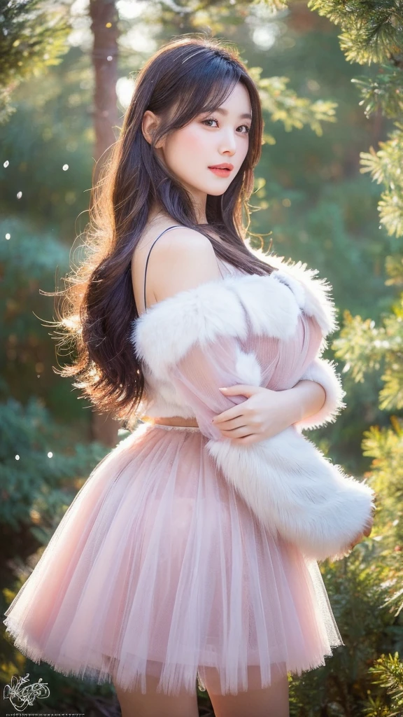 (lifelike, high resolution:1.3), close up,A woman donned in a pink tulle skirt, standing on the back of a huge bear. The bear's fur is as soft as cotton. Her pose is graceful and seductive, as if she is the princess of this forest kingdom. A necklace made of bear claws hangs around her neck, and the snowflakes falling around her are like a lullaby of winter. The background is a snowy mountain range, with white peaks and distant pine forests forming a magical winter landscape. The colors are pure and icy, creating a charming and romantic winter wonderland.
