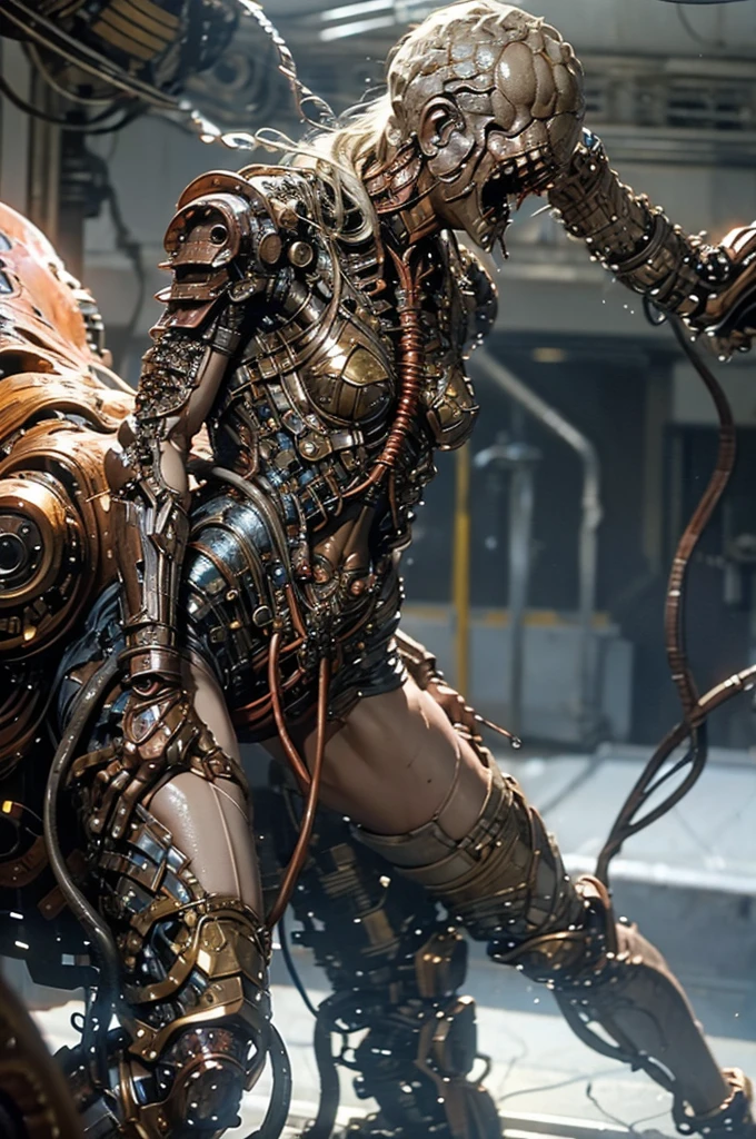 A full-length figure of a cool girl wearing a detailed mechanical armored suit. Exposed wiring, lots of cords and tubes connecting to the system. 