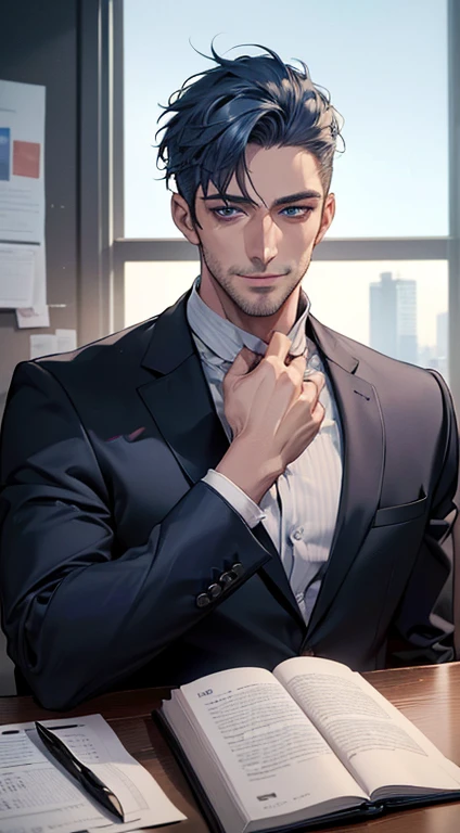 (best quality,4k,8k,highres,masterpiece:1.2),ultra-detailed,(realistic,photorealistic,photo-realistic:1.37),1 man,31 years old,mature man,very handsome,without expression,smile,short blue hair,blue eyes,penetrating gaze,perfect face without errors,imposing posture,businessman,office background,cinematic lighting,hdr image
