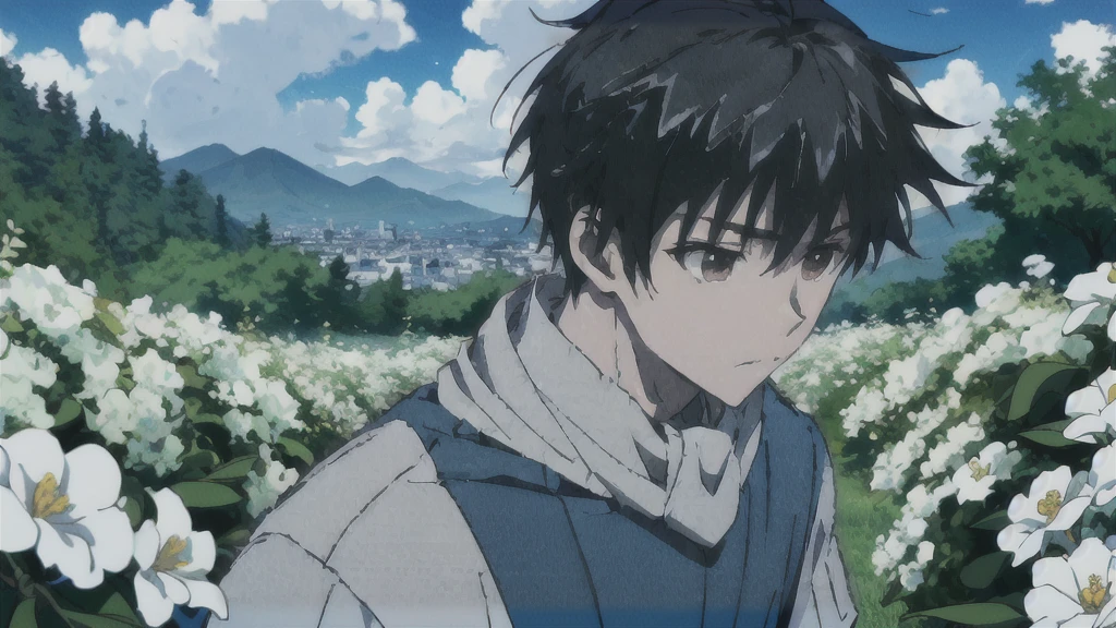 ((Highest quality)), ((masterpiece)), (detailed), Highest quality、High resolution、８K、Grey Sky、dim、male、male子学生、17 years old、soaked、bicycleを全力で漕いでいる、bicycleに乗っている、Very cloudy sky、Shower、Japan、Urban park、bicycle、White short sleeve shirt、Black trousers、bicycleに乗ったJapanの学生服を着たmale子学生の後ろ姿、Heavy downpour、Gardenia flowers、Slope、Japanのアニメのような画風、超High resolutionかわいい萌えアニメ8k