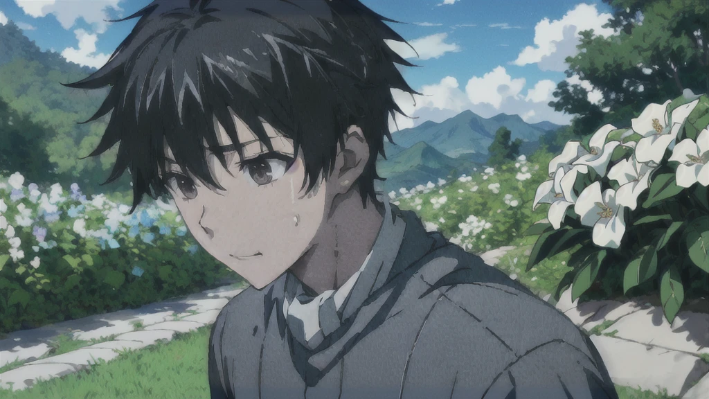 ((Highest quality)), ((masterpiece)), (detailed), Highest quality、High resolution、8K、Grey Sky、dim、male、male子学生、、soaked、bicycleを全力で漕いでいる、bicycleに乗っている、Very cloudy sky、Shower、Japan、Urban park、bicycle、White short sleeve shirt、Black trousers、bicycleに乗ったJapanの学生服を着たmale子学生の後ろ姿、Heavy downpour、Gardenia flowers、Slope、Japanのアニメのような画風、超High resolutionかわいい萌えアニメ8k