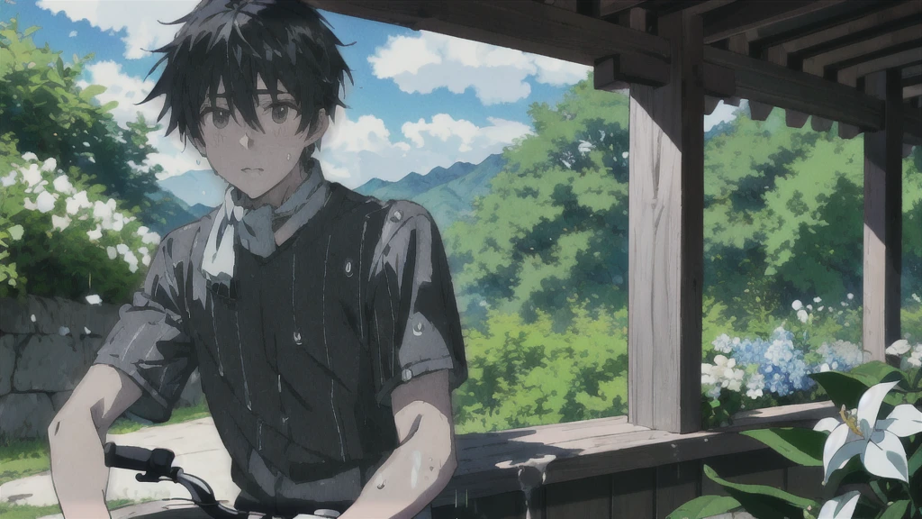 ((Highest quality)), ((masterpiece)), (detailed), Highest quality、High resolution、8K、Grey Sky、dim、male、male子学生、17 years old、soaked、bicycleを全力で漕いでいる、bicycleに乗っている、Very cloudy sky、Shower、Japan、Urban park、bicycle、White short sleeve shirt、Black trousers、bicycleに乗ったJapanの学生服を着たmale子学生の後ろ姿、Heavy downpour、Gardenia flowers、Slope、Japanのアニメのような画風、超High resolutionかわいい萌えアニメ8k