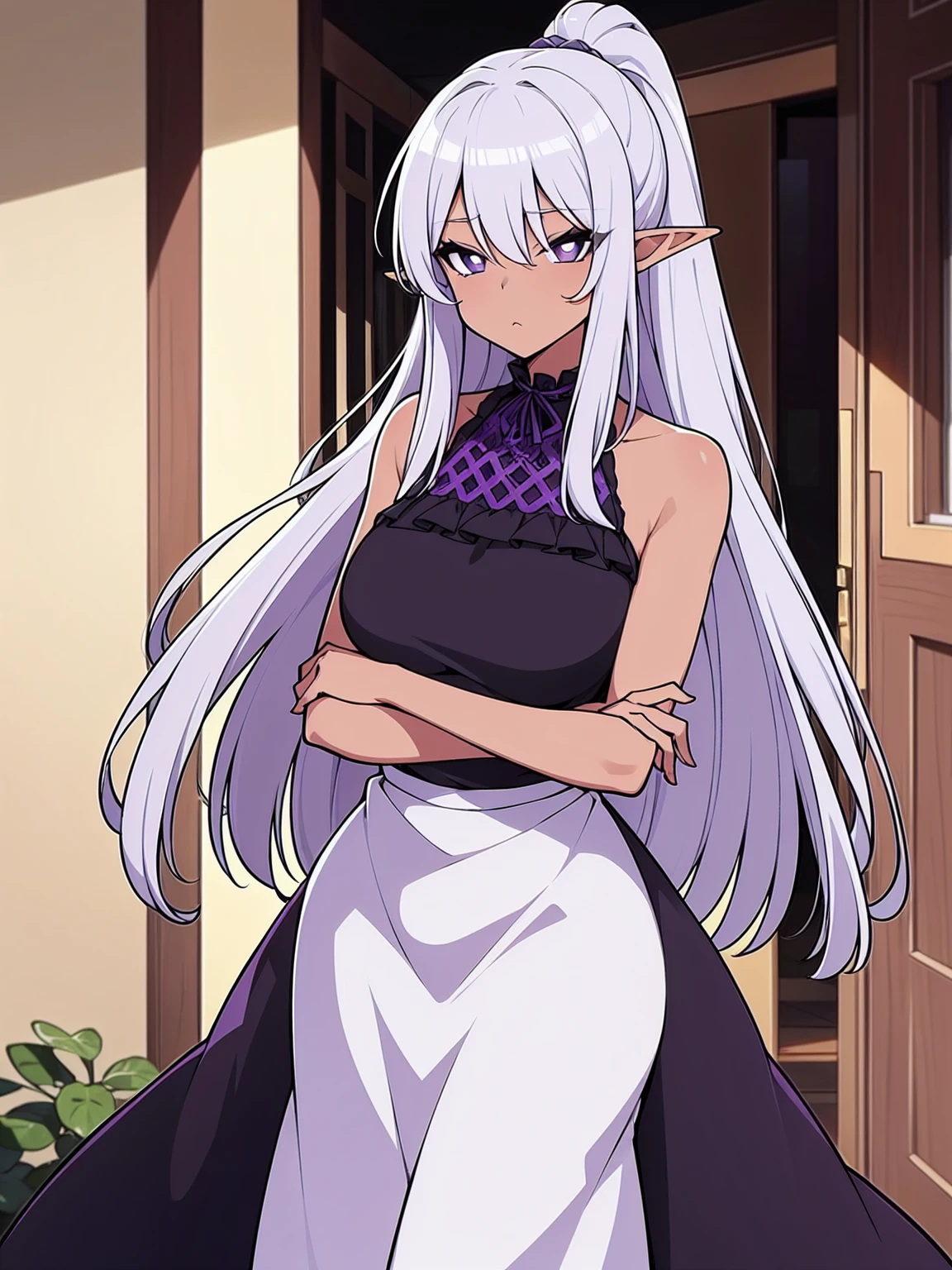 (cowboy shot), (ultra-high resolution, depth of field:1.2), (dark skin), 1woman, mature, plump, (silver hair), long straight hair, ponytail, (purple eyes), elf ears, (medium breasts), (wide hips:1.2), (sundress), (long sundress:1.1), long dress, frills, chocker, apartment entrance scenery, (crossed arms)