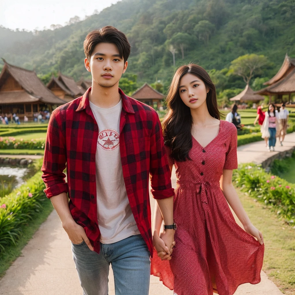 Photography of a clean-faced Indonesian couple, a 28-year-old man with a clean face, a 25-year-old woman, the man wearing a red checkered shirt with a T-shirt inside, wearing jeans, wearing Converse shoes, the woman wearing a knee-length red dress, wearing Converse shoes, posing walking/standing hand in hand against the backdrop of a beautiful natural cultural tourist park full of exotic scenery, with more natural elements like trees or flowers, and a mist effect for a more romantic atmosphere, HD high quality photography, high focus, long shoot, full body, 32k