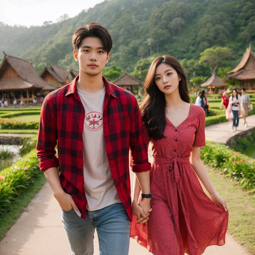 Photography of a clean-faced Indonesian couple, a 28-year-old man with a clean face, a 25-year-old woman, the man wearing a red checkered shirt with a T-shirt inside, wearing jeans, wearing Converse shoes, the woman wearing a knee-length red dress, wearing Converse shoes, posing walking/standing hand in hand against the backdrop of a beautiful natural cultural tourist park full of exotic scenery, with more natural elements like trees or flowers, and a mist effect for a more romantic atmosphere, HD high quality photography, high focus, long shoot, full body, 32k