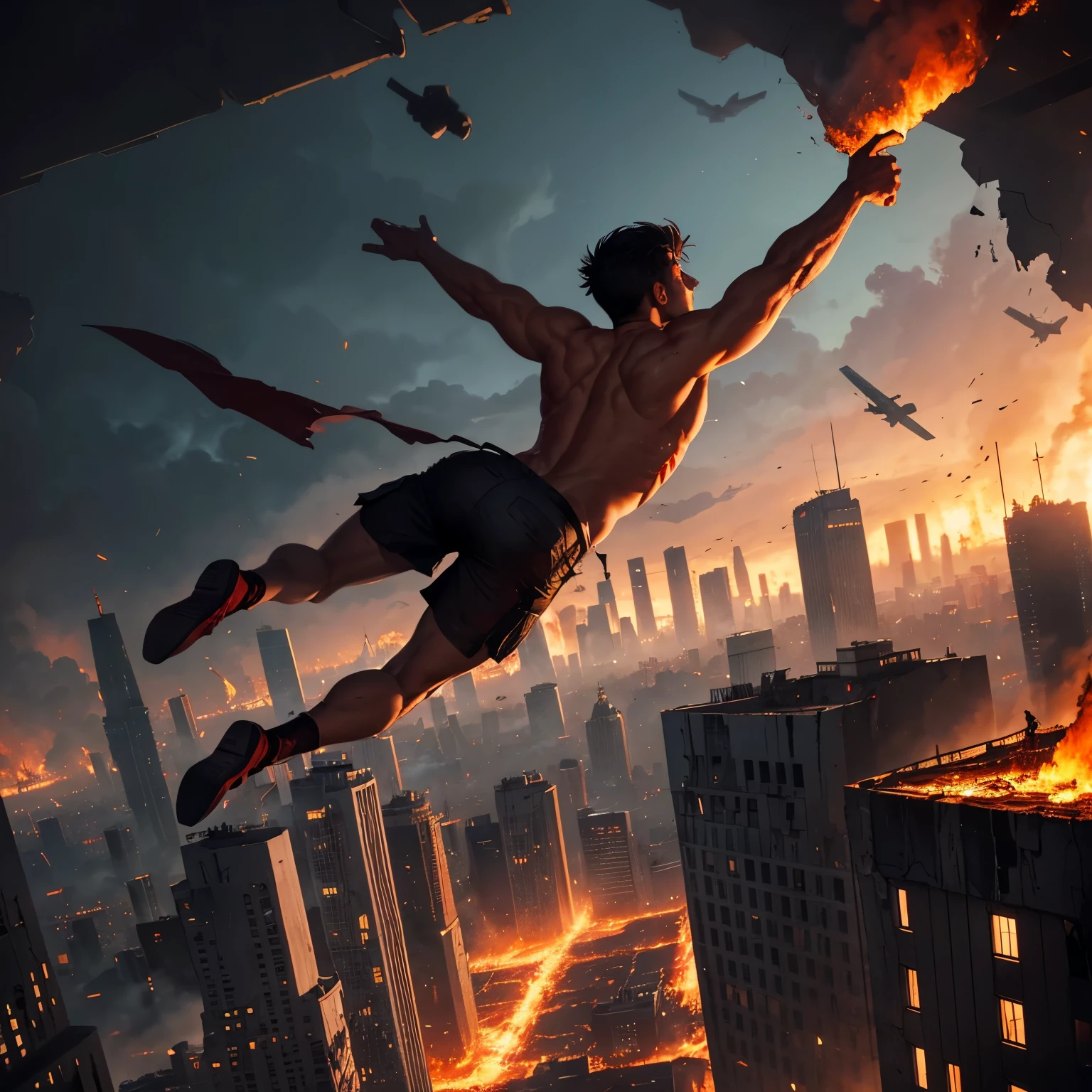 A man with his back turned, he is shirtless flying in the air, his body with red blood stains, below, a modern city completely destroyed and engulfed in flames.