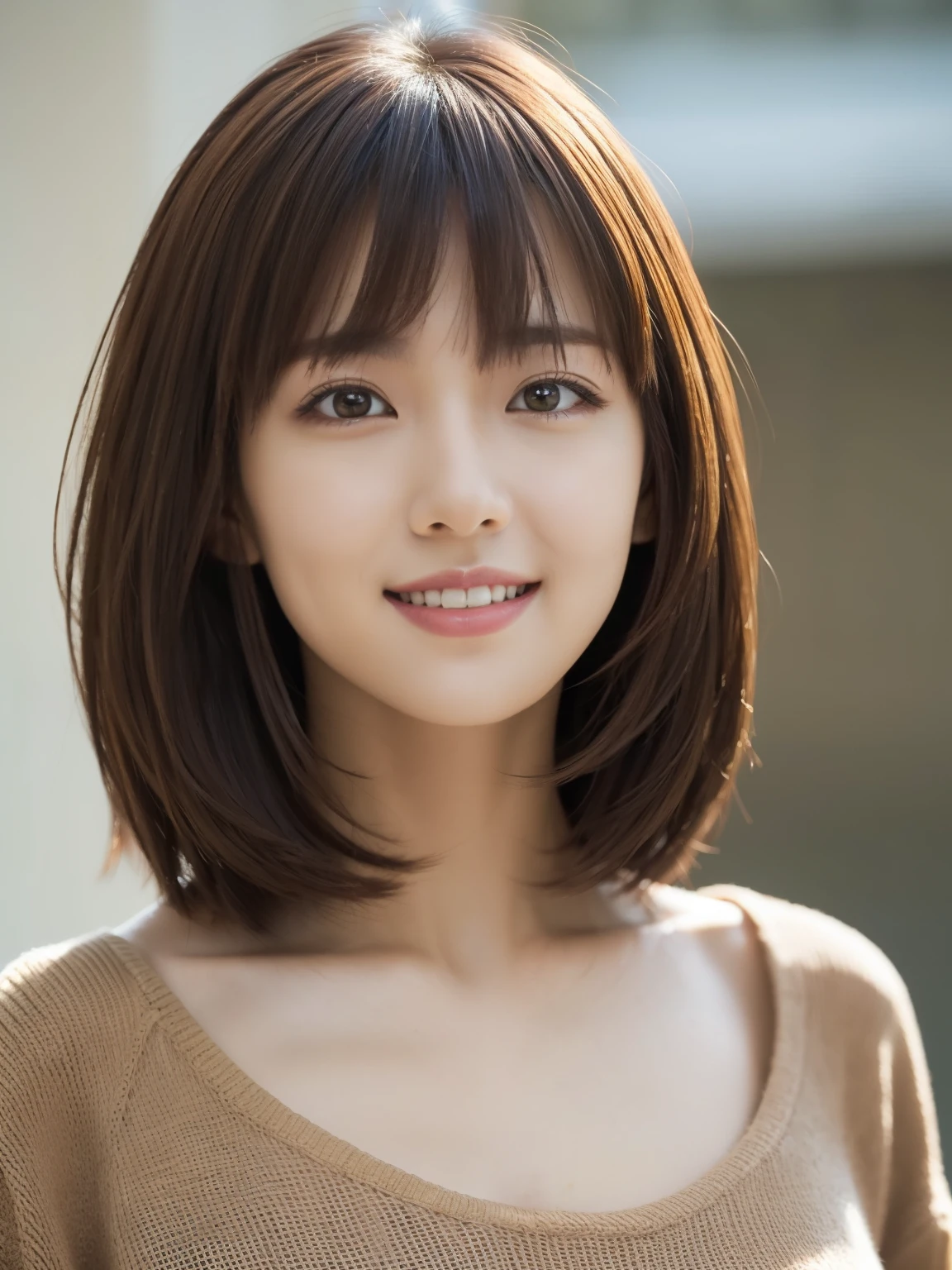 masterpiece, Highest quality, Super detailed, 複雑に詳細なSuper detailed, Realistic, Sharp features, Very detailed, Sharp focus, Perfect Face, Perfect Face, Perfect symmetrical perfect eyes, Perfect Plump Lips, Flexible female form, Cinematic, Film Light, Super detailed, hyper Realistic, High resolution, (smile:1.2), (Happy), Light brown hair, Asymmetrical Hair, Asymmetrical bangs, Messy Hair, Attractive pose, skinny Idol Sculpture, Idol Sculpture, Face close-up, (Wearing clothes:1.3), Natural light, 