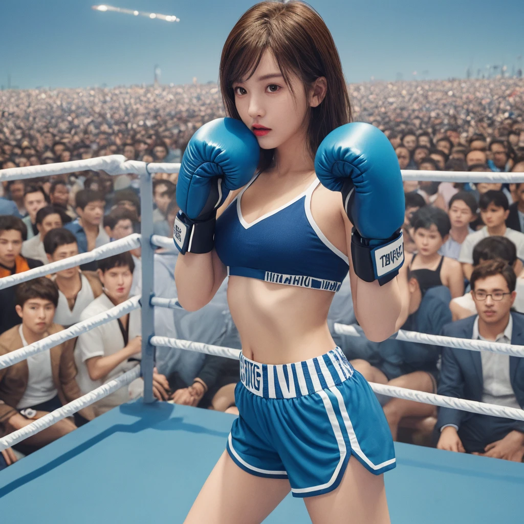 masterpiece, top quality, (realistic, photorealistic: 1.4), (RAW photo: 1.2), very elaborate CG Unity 8K wallpaper, very delicate and beautiful, wonderful, attention to detail, official art, absurdity, incredibly ridiculous, huge file size, very fine, very elaborate, beautiful eyes and face, beautiful elaborate eyes, light on the face, one girl, Long Hair, (Pom) Navel, Upper Body, yellow and pink Short Sleeved T-Shirt, Boxing Gloves, Bare Arms, Bangs, Boxing Gym, Boxing Ring, ULZZANG-6500-v1.1