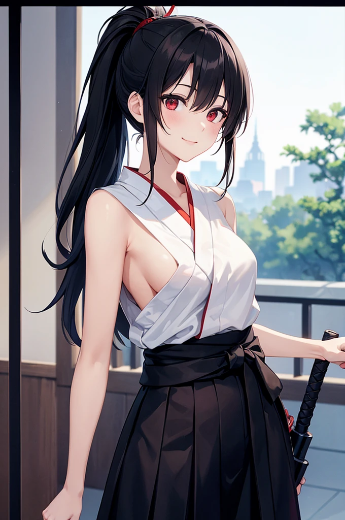 (masterpiece; best quality: 1.2), (finely detailed eyes: 1.3), ((25 year old woman)), ((solo)), (red eyes: 1.4), (body; lithe, slender, femenine: 1.3), (black hair in ponytail: 1.3), (beautiful and clear background: 1.2), ((depth of field)), (clothes: ronin attire + black hakama + black sash: 1.3), (anime illustration: 1.2), (background composition; kendo dojo + night time: 1.1), (extremely fine and beautiful: 1.1), (shot composition; standing + centered on torso + close-up: 1.5), (expression; calm, smile: 1.2)