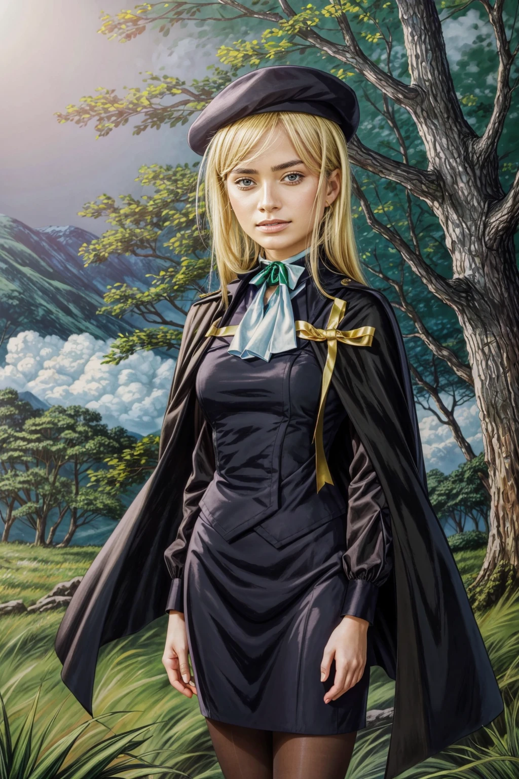 1 girl, best quality, ((Miyo)), tarankaaa, perfect face, beautiful smile, 30 years old, ((ascot, uniform, black skirt, cross, ribbon, gold blonde hair, emerald, beret, cape, pantyhose)), ((perfectly drawn hands)), perfect body, bare tree, bush, fog, forest, grass, nature, outdoors, plant, scenery, solo, standing, tree, 32k photograph, ((perfect eyes, detailed eyes,realistic eyes)), ((sharp face, detailed face, realistic face, natural skin, realistic skin, detailed skin, pores)), full body, tone mapping, asian-european, ((masterpiece)), ((highres)), ((detailed background)), japanese village background, night, big proportions,