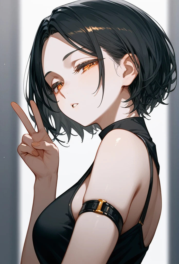 masterpiece, Score_9, Score_8_up, Score_7_up, rear view, 1 woman, alone, dark black hair, very short hair, long parted bangs, gold and orange eyes, half-closed eyes, parted lips, expressionless, pale skin, large breasts, top body,
Long open bangs, with a mole below the mouth, cut style (boy), No bangs, basic black shirt with V-neckline and straps, Sleeveless.