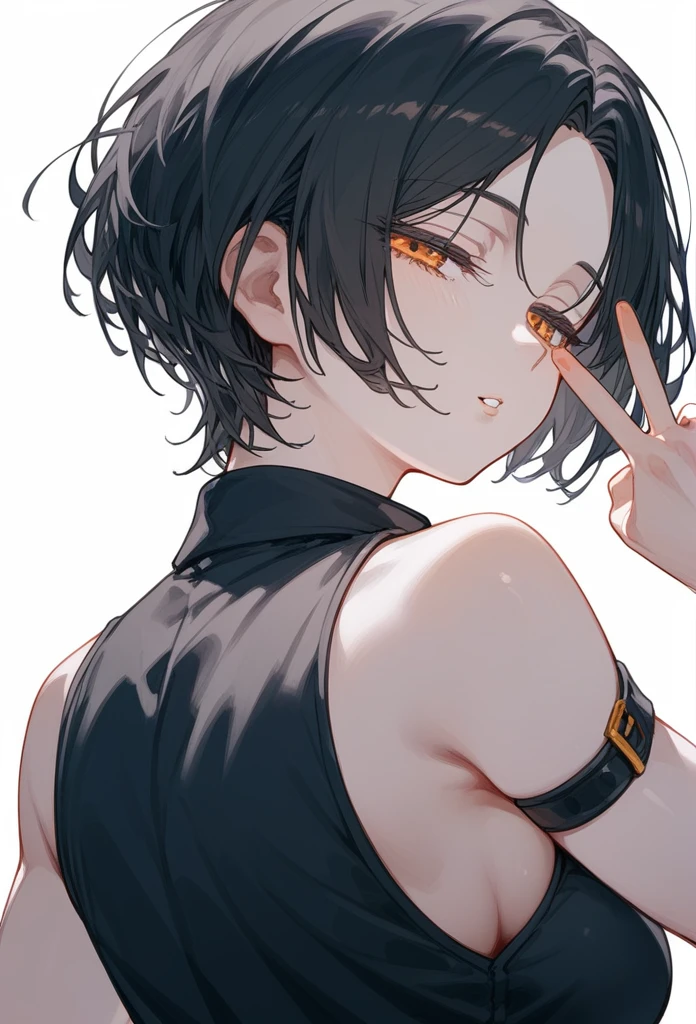 masterpiece, Score_9, Score_8_up, Score_7_up, rear view, 1 woman, alone, dark black hair, very short hair, long parted bangs, gold and orange eyes, half-closed eyes, parted lips, expressionless, pale skin, large breasts, top body,
Long open bangs, with a mole below the mouth, cut style (boy), No bangs, basic black shirt with V-neckline and straps, Sleeveless.