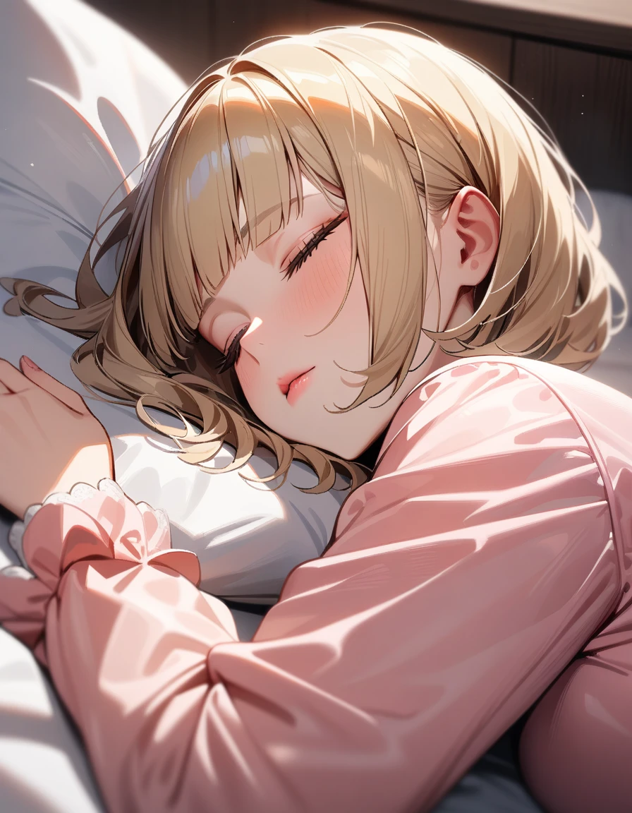 1girl,solo,super detailed skin,shiny skin,sleeping,close eyes,eyelashes,lips gloss,blonde hair, hime cut,blunt bangs,short hair ,large breasts ,pale pink Silk pajamas,lying on side,bedroom,masterpiece,best quality,ultra detailed,high resolution,sharp focus,depth of field