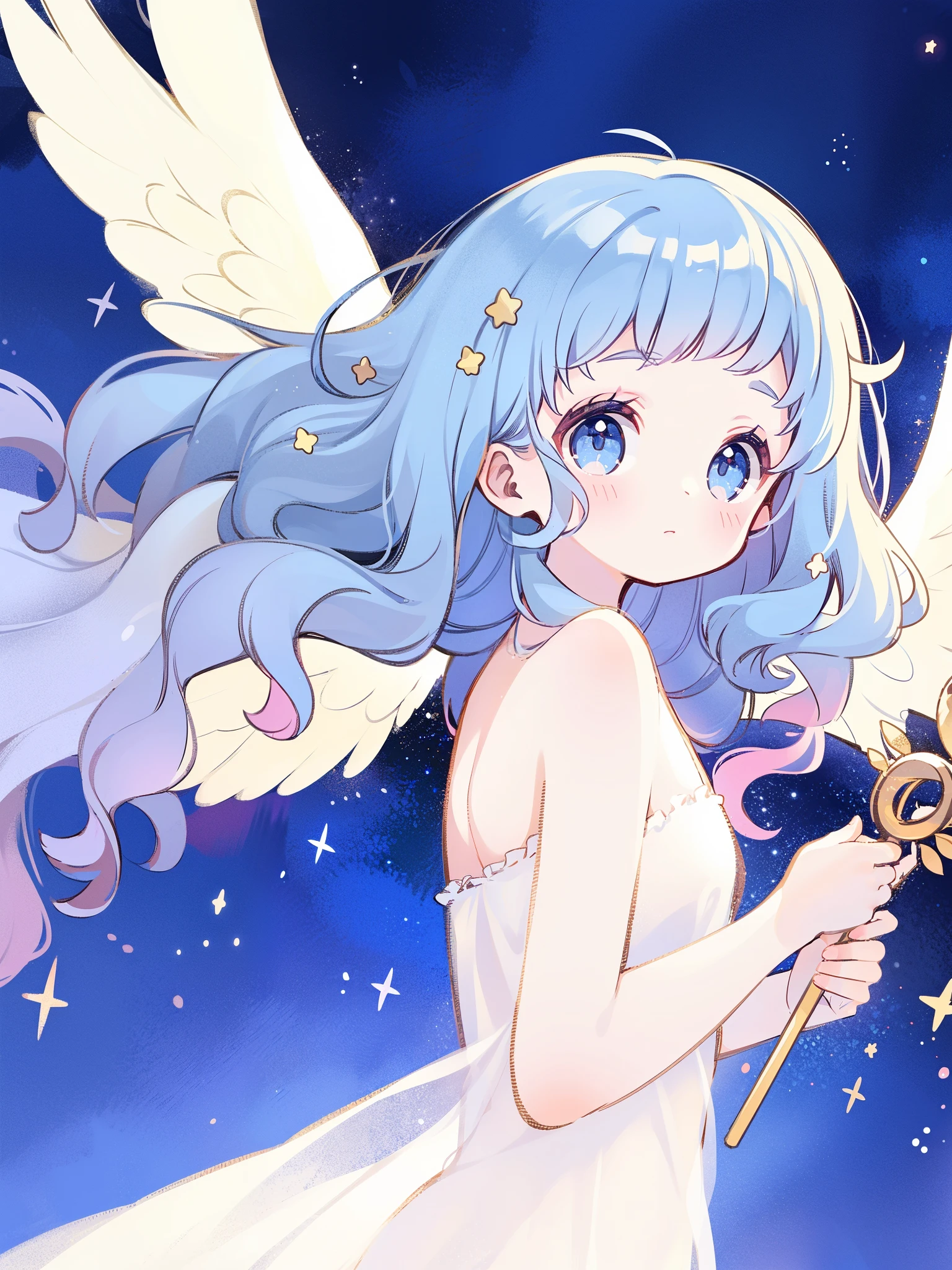 nude angel girl wearing an ethereal translucent dress, pale skin, ((blue mint wavy hair)), white feathers, angel wings, sparkling detailed eyes, golden ratio face, perfect composition, highly detailed, ethereal, (starry night sky background), midjourney style