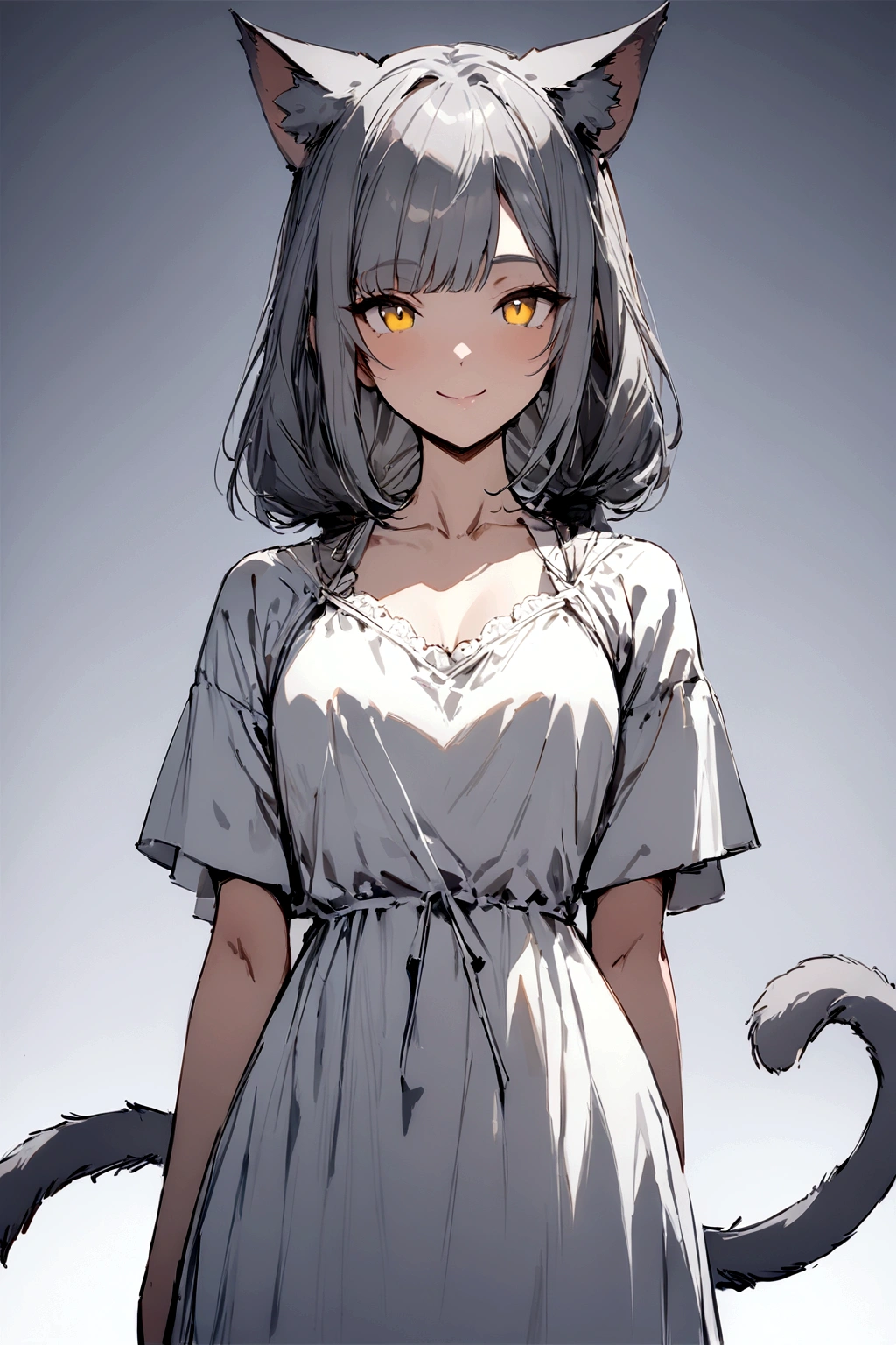 ((masterpiece)), ((best quality)), (from front, facing front:1.32), (close-up:1.2), (half-body shot:1.36), (side bangs hairstyle), perfect ???????, 1girl, solo, adult cat girl, long gray straight hair, yellow round eyes, gray cat ears, gray fluffy cat tail, basic short-sleeved loose white dress, smiling, looking at viewers